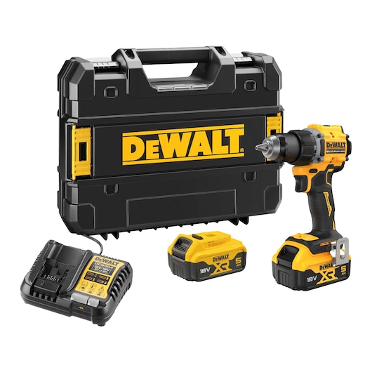 DEWALT DCD794P2T, DCD794P2T-QW kit with drill, case, charger, and 2 batteries.