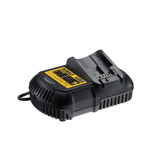 DEWALT DCD796D2 black battery charger with yellow label, shown on white background.