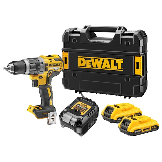 DEWALT cordless drill set including a yellow and black 18V brushless drill, battery charger, two batteries, and a hard carrying case.