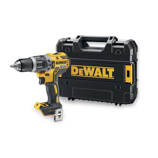A DEWALT cordless drill with a black and yellow design is positioned in front of a matching DEWALT-branded carrying case.