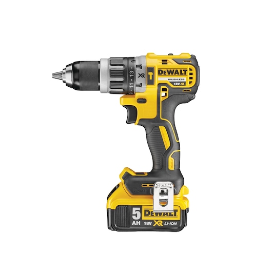 A Dewalt DCD796P2 18V XR brushless cordless drill with a yellow and black design, featuring a 5Ah lithium-ion battery attached at the bottom.