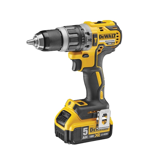 Yellow DEWALT cordless drill, model DCD796P2, with 18V XR battery, shown on a white background.