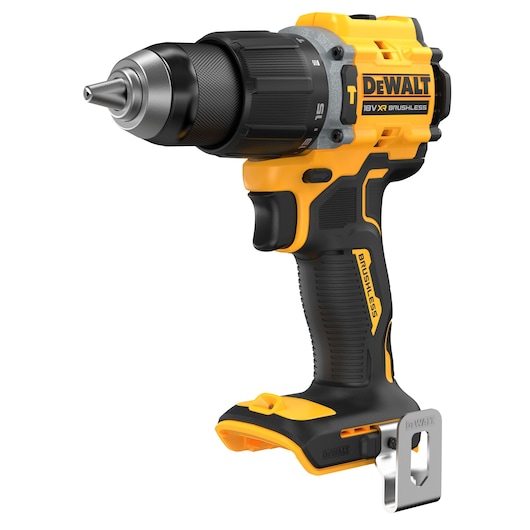 DEWALT 18V XR brushless cordless drill with ergonomic grip and metal clip.