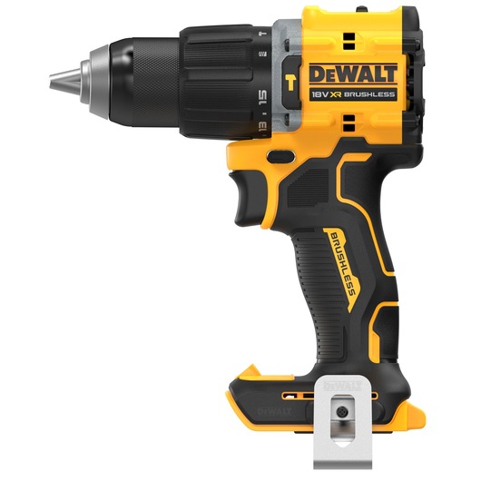 DEWALT 18V XR brushless cordless drill, yellow and black, side view, without battery.