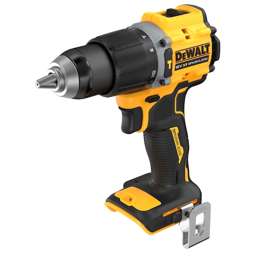 DEWALT cordless drill driver, brushless, 18V XR, yellow and black, shown without battery.