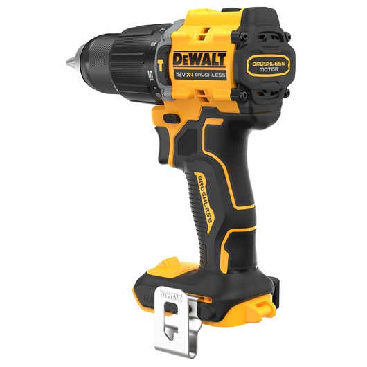 DEWALT 18V XR brushless cordless drill with black and yellow design, shown from side view.