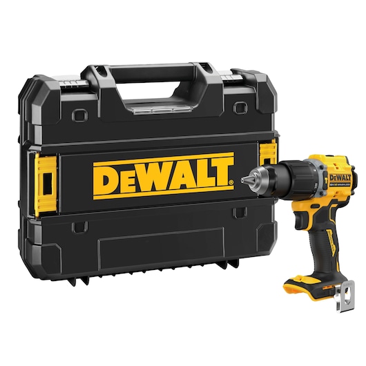DEWALT cordless drill with black case, yellow accents, and DEWALT logo visible on the box.