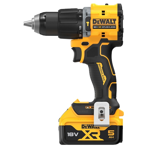 DEWALT 18V XR brushless cordless drill with 5Ah battery, yellow and black design, side view.