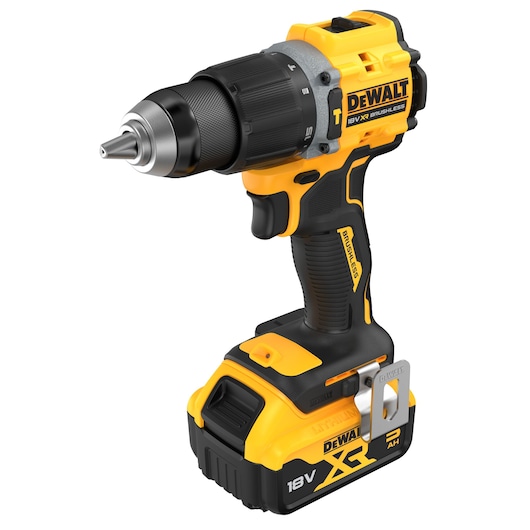 DEWALT cordless drill, 18V XR model DCD799P2T, yellow and black, shown at an angle with battery attached.