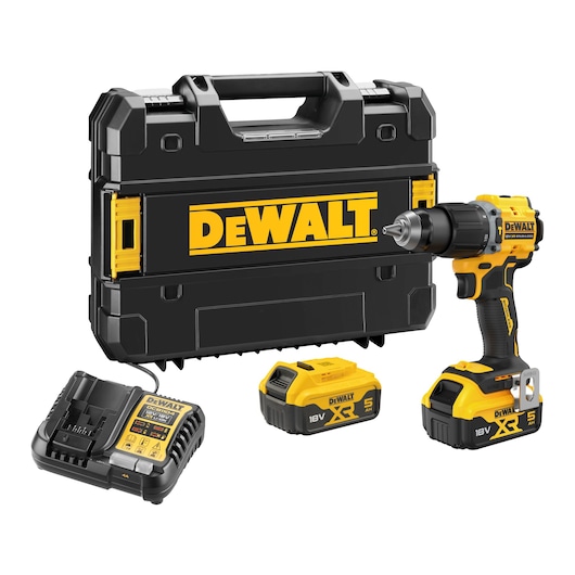 DEWALT drill kit with case, two 18V batteries, charger, and cordless drill in yellow and black.