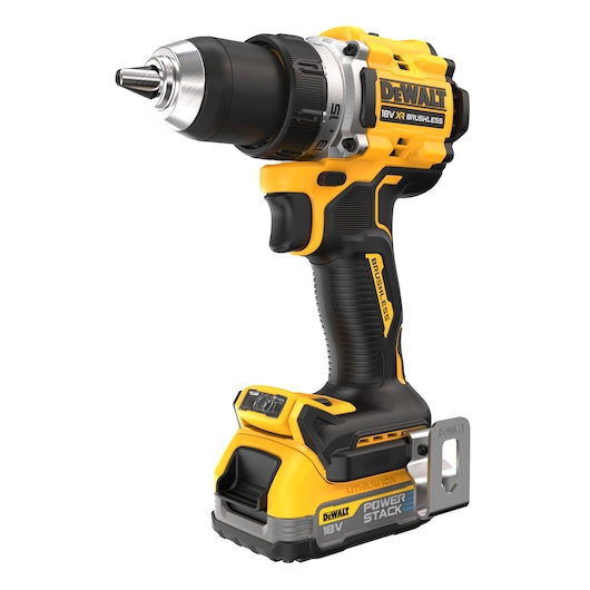 DEWALT 18V XR brushless cordless drill with POWERSTACK battery, yellow and black, shown on a white background.