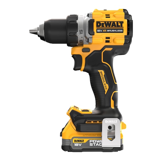 DEWALT 18V XR brushless cordless drill with POWERSTACK battery, shown from the side.