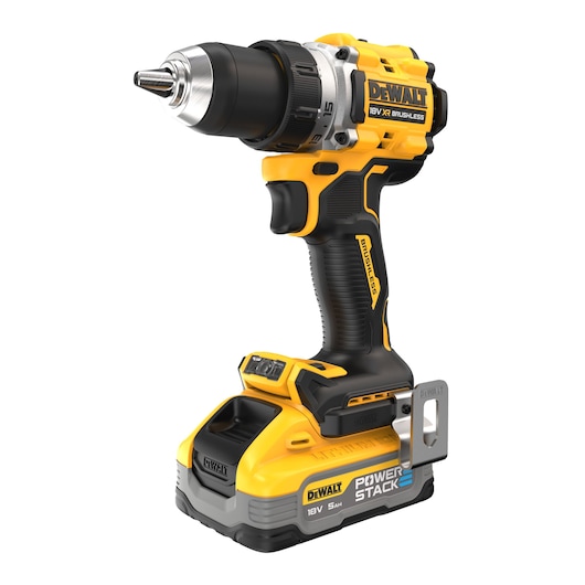 DEWALT 18V cordless drill with PowerStack battery, yellow and black, side view on white background.