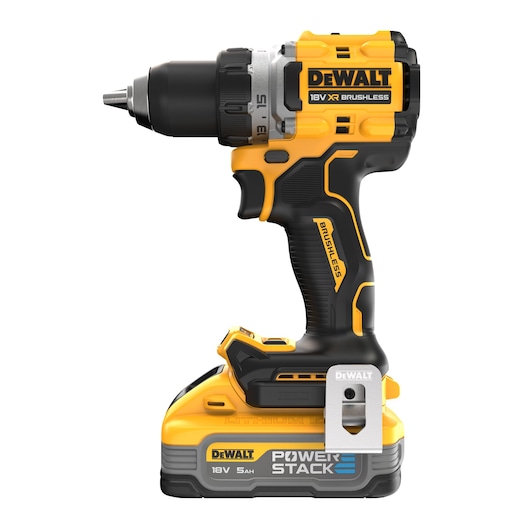 DEWALT 18V XR brushless cordless drill with POWERSTACK battery, black and yellow, side view.