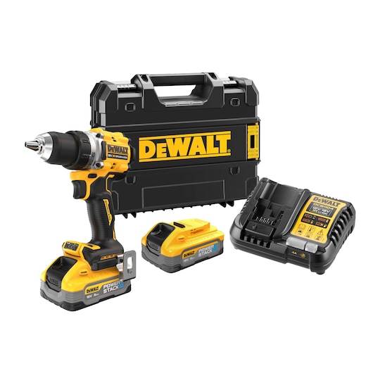 DEWALT drill kit with drill, two batteries, charger, and carrying case displayed.