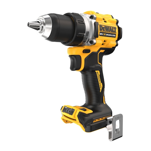 DEWALT DCD800NT cordless drill, yellow and black, with brushless motor and metal belt clip.