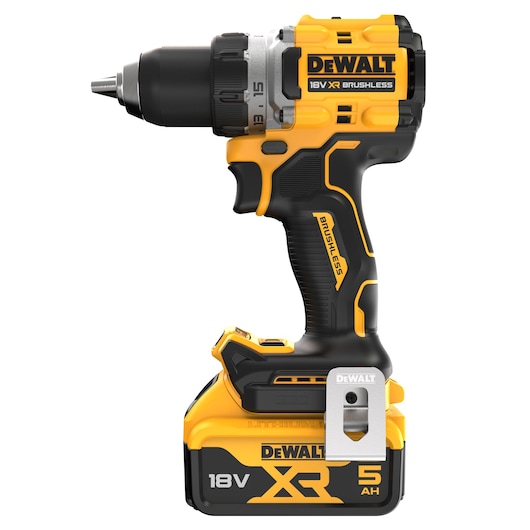 DEWALT 18V XR brushless cordless drill with 5Ah battery, yellow and black, shown in side profile.