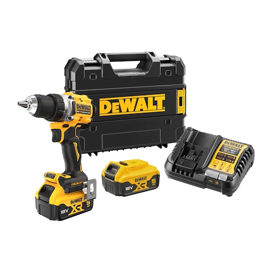 A DEWALT cordless drill set featuring an 18V brushless drill, two 18V XR lithium-ion batteries, a charger, and a black DEWALT carrying case.