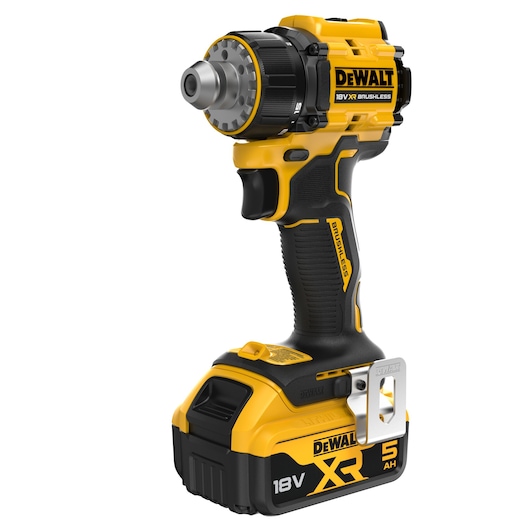 DEWALT cordless drill, DCD803P2T-QW, DCD803P2T, 18V XR, Photography category. Yellow and black tool.