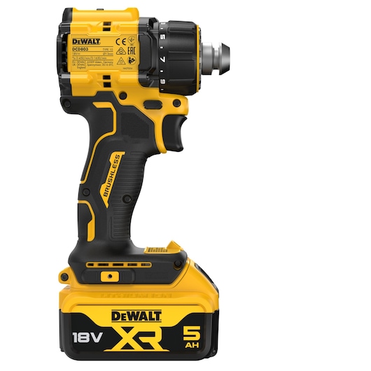 DEWALT cordless drill, 18V XR, 5AH. Model DCD803P2T-QW, DCD803P2T. Photography category.