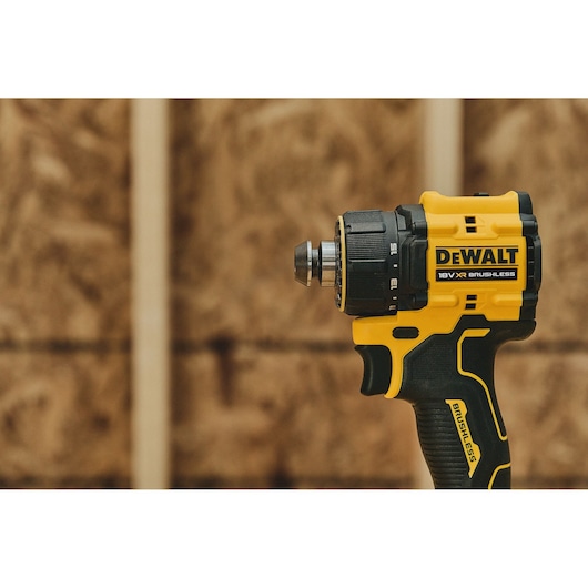 DEWALT drill model DCD803P2T-QW, DCD803P2T, shown in woodworking setting. Photography category.