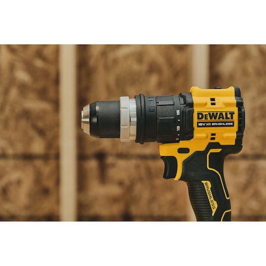 DEWALT 18V drill, photography category, SKUs DCD803P2T-QW, DCD803P2T, shown in workshop setting.