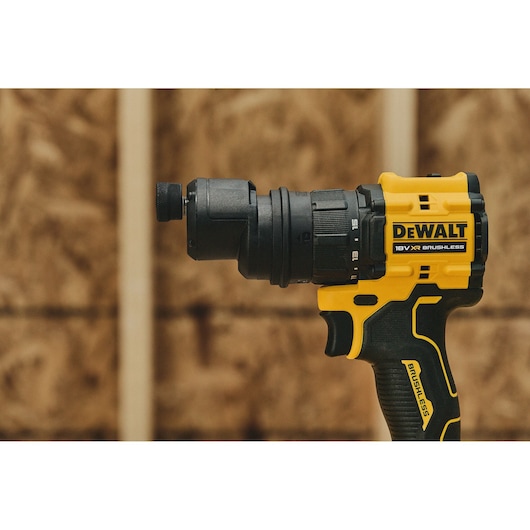 DEWALT brushless drill DCD803P2T-QW, DCD803P2T for photography, close-up side view, yellow and black tool.