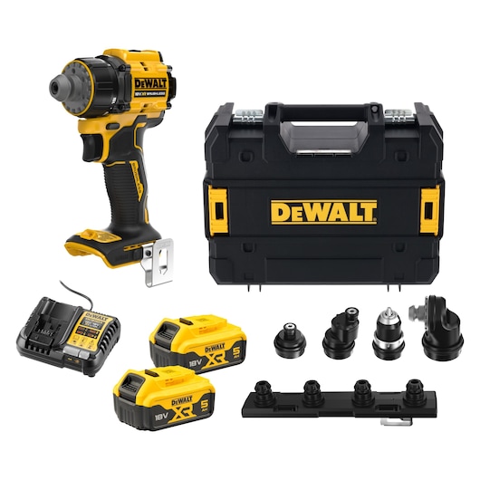 DEWALT drill set, Photography category, SKUs DCD803P2T-QW and DCD803P2T, batteries, charger, case, attachments.