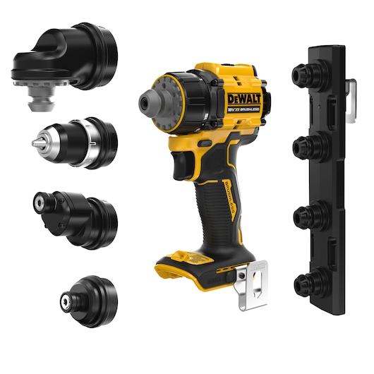 DEWALT 18V tool with attachments, SKUs DCD803P2T-QW, DCD803P2T, photography category.