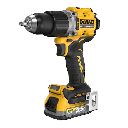 DEWALT DCD805E2T 18V cordless drill with brushless motor in yellow and black, shown on a white background.