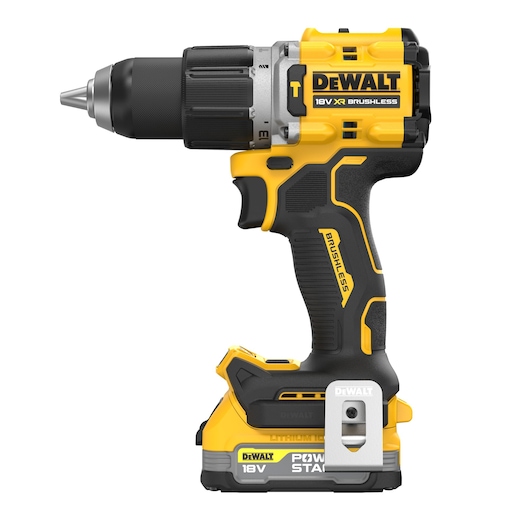 DEWALT 18V XR brushless cordless drill with Powerstack battery, shown in yellow and black.