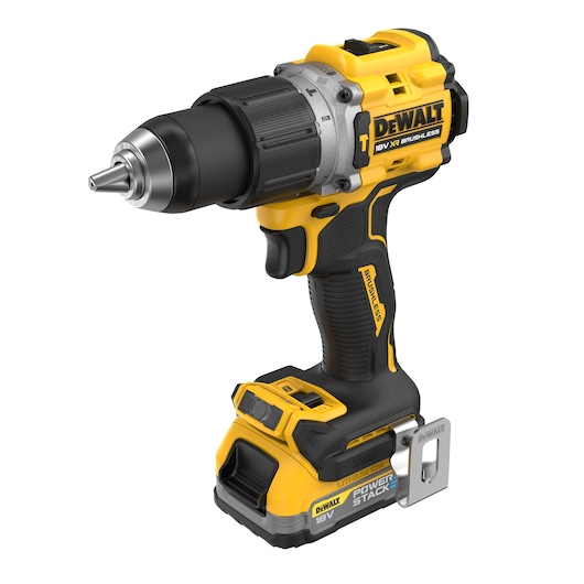 DEWALT 18V cordless brushless drill with PowerStack battery, black and yellow design.