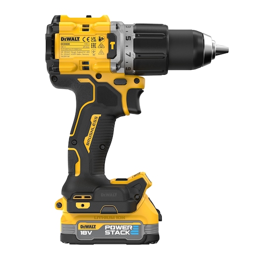 DEWALT DCD805E2T 18V cordless power drill with brushless motor and Powerstack lithium battery.