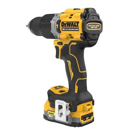 DEWALT 18V XR brushless cordless drill with battery, yellow and black, side view.