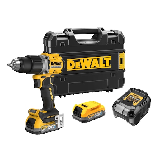 DEWALT cordless power drill set with a black and yellow drill, two batteries, a battery charger, and a black carrying case with the DEWALT logo.