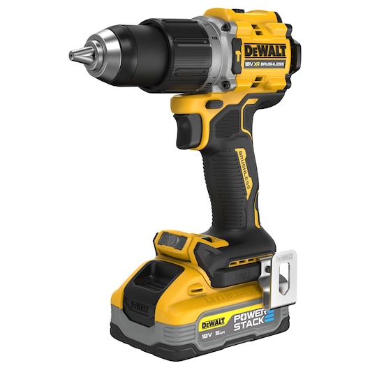 DEWALT cordless drill with 18V XR brushless motor and POWERSTACK battery, shown standing upright.