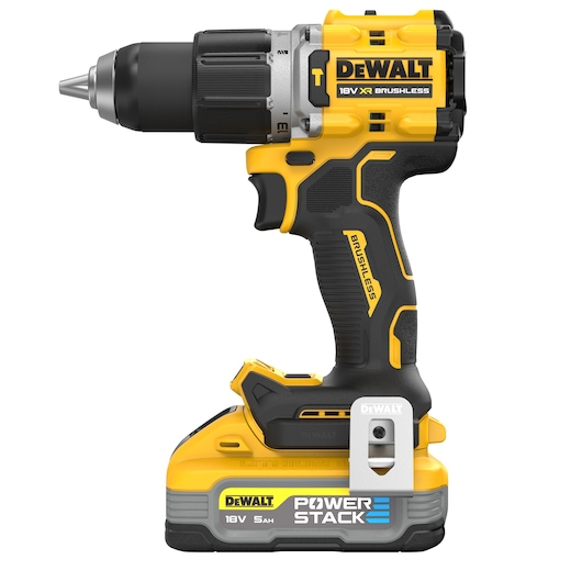 DEWALT DCD805H2T 18V cordless brushless drill with POWERSTACK battery, yellow and black design.