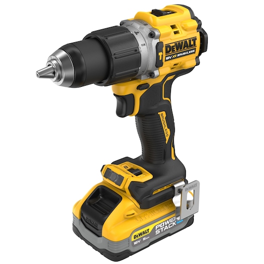 DEWALT cordless 18V drill with brushless motor and PowerStack lithium battery, shown angled on white background.