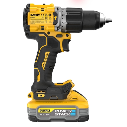 DEWALT cordless drill DCD805H2T with POWERSTACK 18V battery, yellow and black, brushless motor, side view.