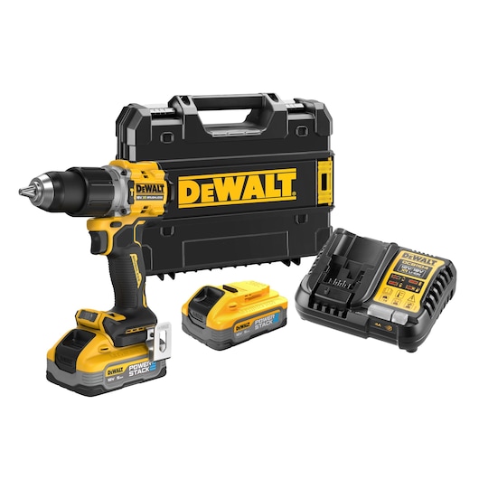 DEWALT cordless drill kit with battery, charger, carrying case, and extra battery pack.