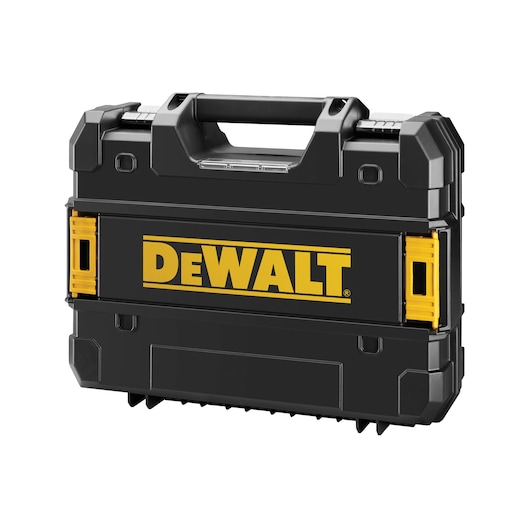 Black DEWALT tool case with handle and yellow accents, suitable for carrying and organizing tools or accessories.