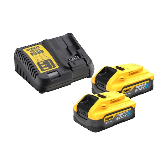 DEWALT charger and two 18V Powerstack lithium batteries for tools, shown on a white background.