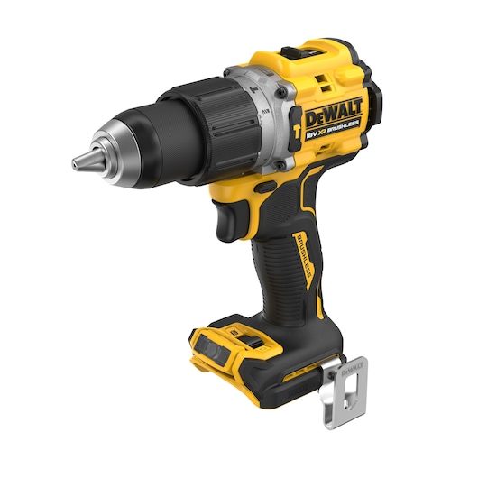 DEWALT drill, photography category, SKUs DCD805NT-XJ, DCD805NT. Cordless brushless power tool in yellow and black.