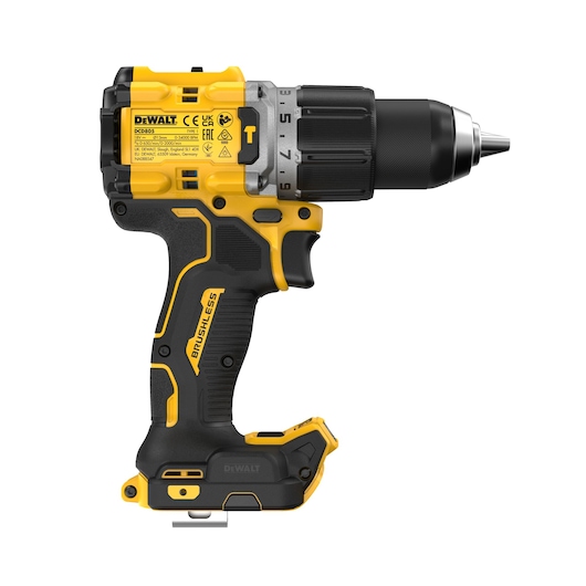 DEWALT drill, SKUs DCD805NT-XJ and DCD805NT, product category Photography, shown in side view.