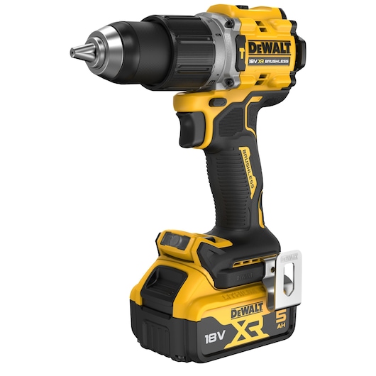 Cordless yellow and black DEWALT 18V brushless drill driver with XR battery.