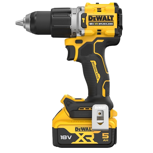 DEWALT DCD805P2T 18V XR brushless cordless drill driver with 5Ah battery, shown in yellow and black.