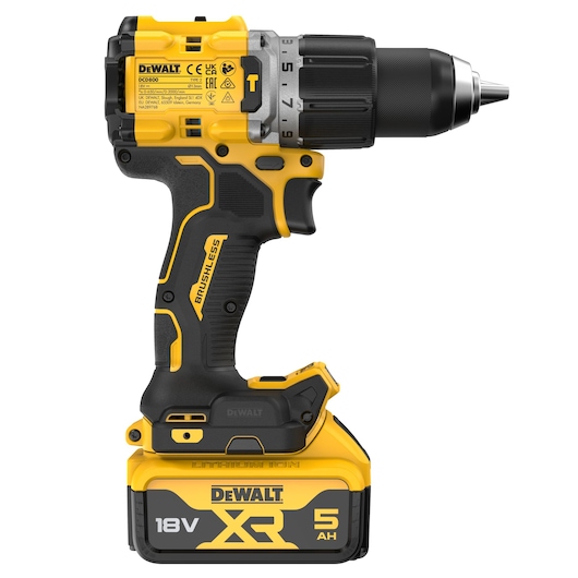 DEWALT DCD805P2T cordless yellow drill with 18V XR lithium-ion 5Ah battery, brushless motor.