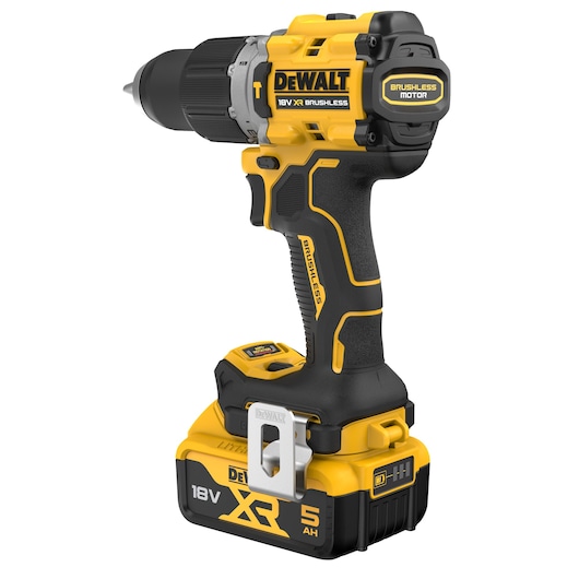 DEWALT 18V XR brushless cordless drill with black and yellow design, visible battery pack and metal belt clip.