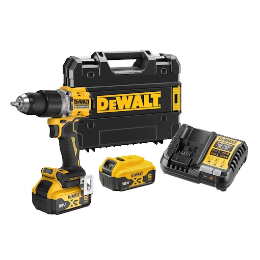 DEWALT cordless power drill set, including a yellow and black drill, two 18V XR 5.0Ah batteries, a battery charger, and a black carrying case with the DEWALT logo.