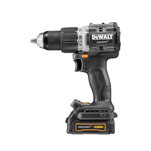 A DEWALT cordless drill with a brushless motor, part of the McLaren series. The tool features a robust handle, a lithium-ion battery, and a keyless chuck. The body is predominantly black with orange accents and DEWALT branding.